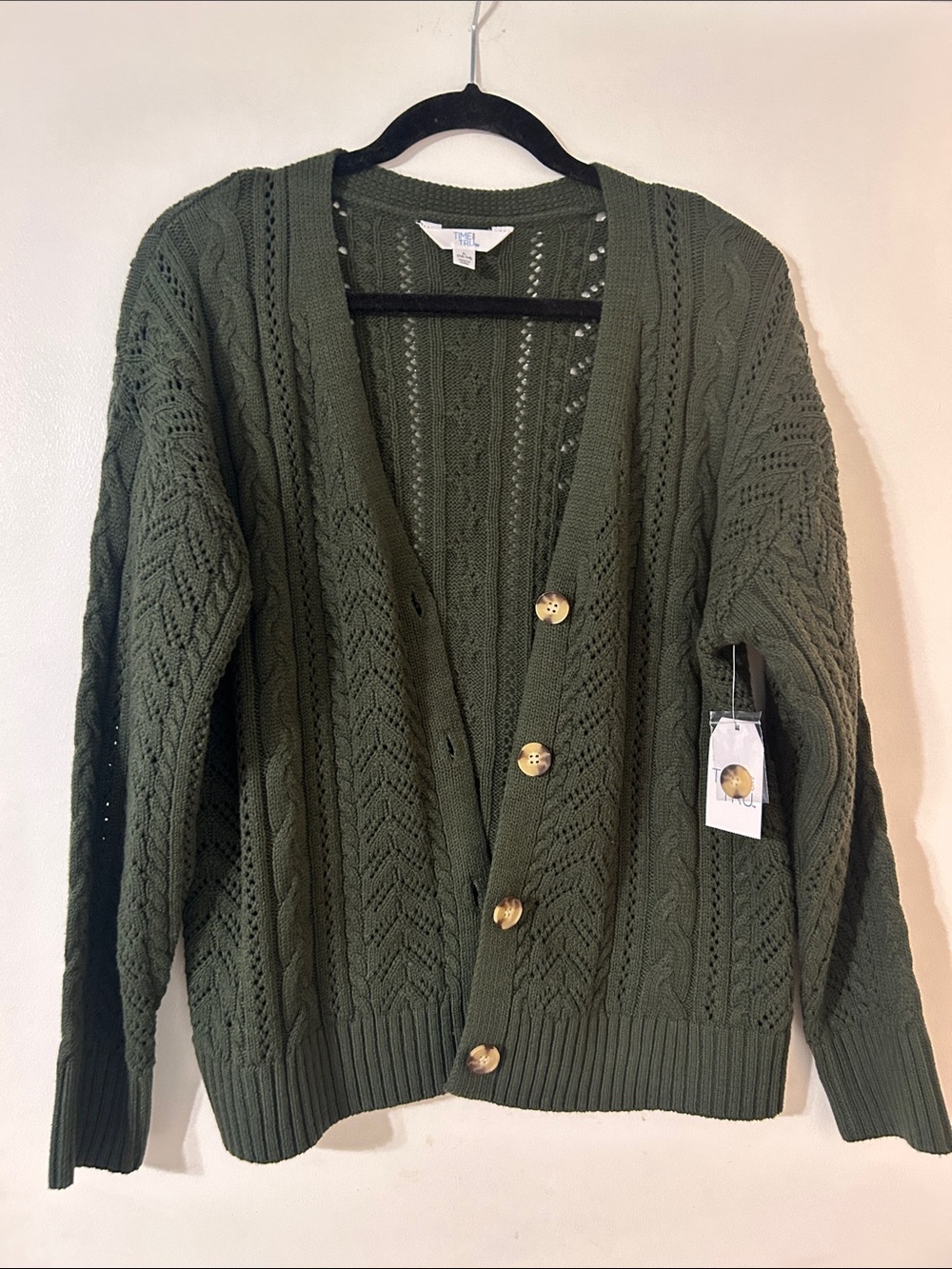 Time and Tru Olive Open-Stitch Button Front Cardigan